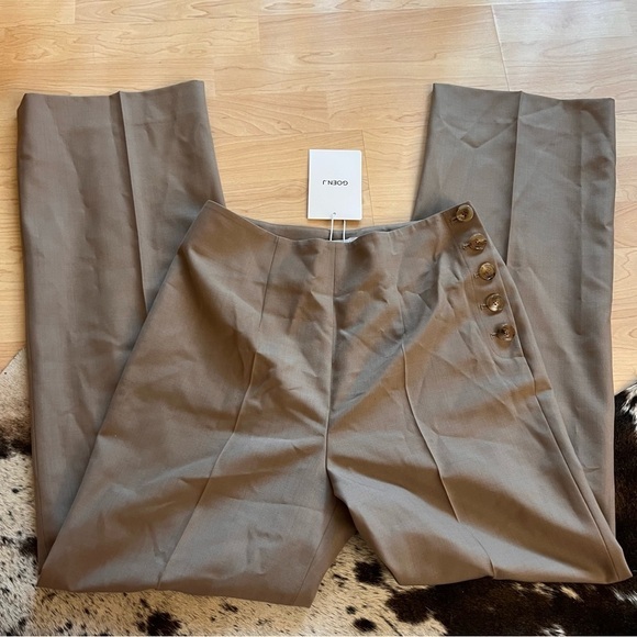 GOEN.J NWT Tan Wool Blend Straight Leg Trousers Side Buttons Size 6 - Picture 1 of 8